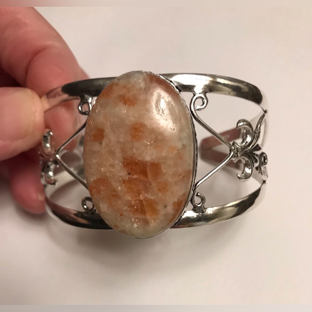Sunstone Stamped 925 Sterling Silver Cuff Bracelet - Picture 3 of 4